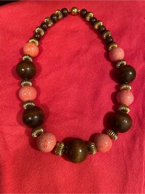 Handmade Coral Pink and Brown Beaded Necklace - Brand Unknown